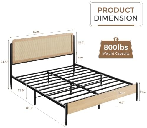 LIKIMIO Natural Rattan Queen Bed Frame with Wooden Headboard