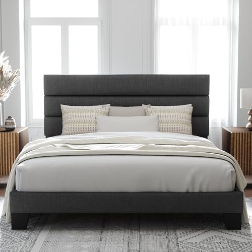 Allewie King Size Platform Bed Frame with Fabric Upholstered Headboard Gray