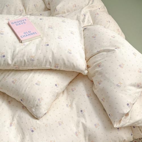 Cherry Duvet Cover Set 3 Pcs,100% Cotton Double Gauze Twin Size Duvet Cover with 2 Pillowcases,Cute Beige Bedding Set for Teen Girls Women,Muslin Comforter Cover 68"×86"