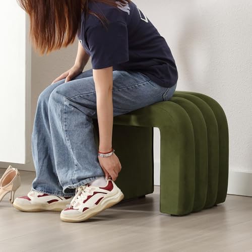 Olive Green Velvet Ottoman Stool, Cute Backless Vanity Stool Chair