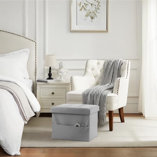 Bsketa Storage Ottoman Bench,16 Inch Folding Leather Foot Rest Stool, Grey