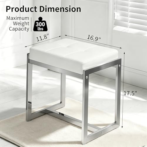 Vanity Stool Chair, Modern PU Leather Ottoman Foot Rest White&Silver
