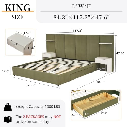 King Bed Frame with Storage & Built-in Nightstands & Drawers, Grayish Olive