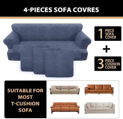 4 Piece T Cushion Sofa Slipcovers Stretch Couch Slip Cover for 3 Cushion Couch Sofa, Machine Washable for Living Room (Blue Gray, 3 Cushions)