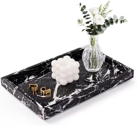 Marble Bathroom Tray for Countertop & Home Decor, Natural Decorative Marble Tray for Jewelry & Perfume Organizer, Luxury Stone Vanity Trays for Dresser, Kitchen Counter, 12" x 8", Black