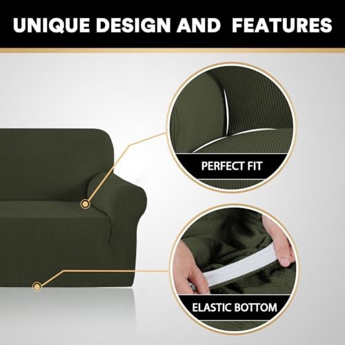 PrinceDeco Stretch Sofa Slipcover 1 Piece Sofa Cover for 2 Cushion Couch Furniture Protector/Cover Couch with Elastic Bottom Soft and Durable Sofa Cover Pet Protector (Loveseat, Olive)