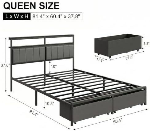 Queen Bed Frame with Storage Drawers and Charging Station, Grey