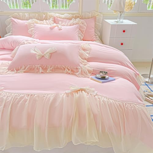 SOUKECHY Girls Lace Bedding,Pink Full Comforter Cover Set, Chic Ruffled Duvet Cover with Lovely Bow,Princess Style 1 Duvet Cover with 2 Pillowcases, No Comforter-Pink,Full Size