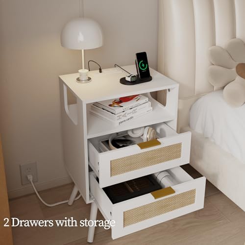 JOONEE Rattan Nightstand with Charging Station,Farmhouse Bedside Table with 2 Storage Drawer and Open Wood Shelf, for Bedroom and Small Spaces,Night Stand with Solid Wood Legs (White-Outlet)