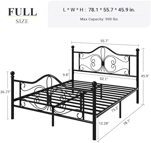 Allewie Metal Full Platform Bed Frame, Butterfly Pattern Design, Black