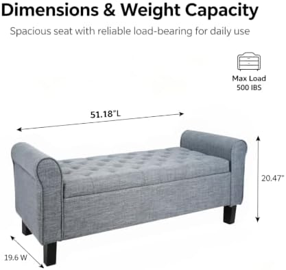 51 Inch Dark Gray Linen Storage Ottoman Bench with Rolled Armrests
