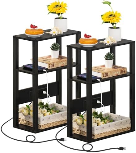 YUFAM 3-Tier Narrow Bedside Table Set 2 for Small Spaces, Skinny Nightstand