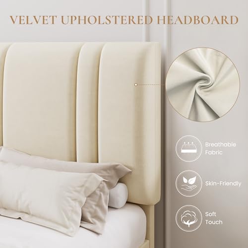 SHA CERLIN Full Size Velvet Bed Frame with Adjustable Headboard, Cream