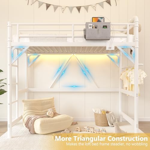 Twin Size Loft Bed with LED Lights and Charging Station, Industrial Heavy Duty Metal Loft Bed Frame with Ladder and Guardrail for Kids Adults, Small Space Saving Design for Bedroom Dorm, White