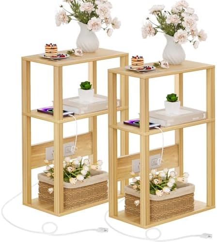 YUFAM 3-Tier Narrow Bedside Table Set 2 for Small Spaces, Skinny Nightstand