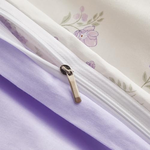 Purple Flower Duvet Cover Set Twin Cotton 3 Pcs Girls White Lavender Comforter Cover with Zipper Closure,Romantic Duvet Cover + 2 Pillowcases for Spring