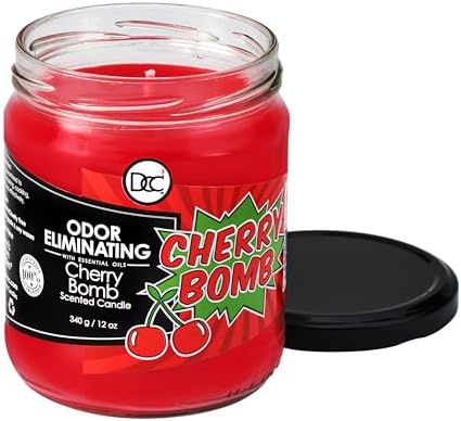 Cherry Bomb Odor Eliminating Highly Fragranced Candle - Eliminates 95% of Pet, Smoke, Food, and Other Smells Quickly - Up to 80 Hour Burn time - 12 Ounce Premium Soy Blend