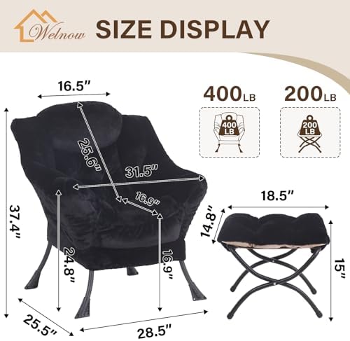 Welnow Lazy Chair with Ottoman, Reading Chair with Footrest, Jet Black