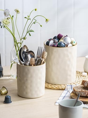 famiware Ceramic Utensil Holder, 7.2"+5.8", Set of 2, Vanilla White