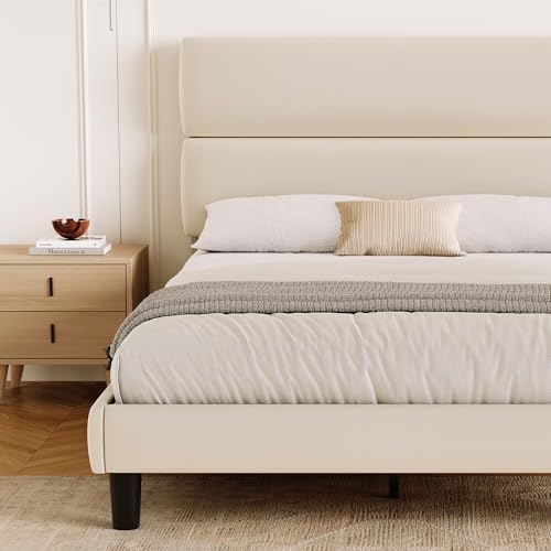 GRUSIGN Platform Bed Frame with Velvet Headboard, Adjustable Height Wooden Slats Support, Upholstered Mattress Foundation, Fits Mattress or Mattress with Box Spring, Easy Assembly, Beige, Full