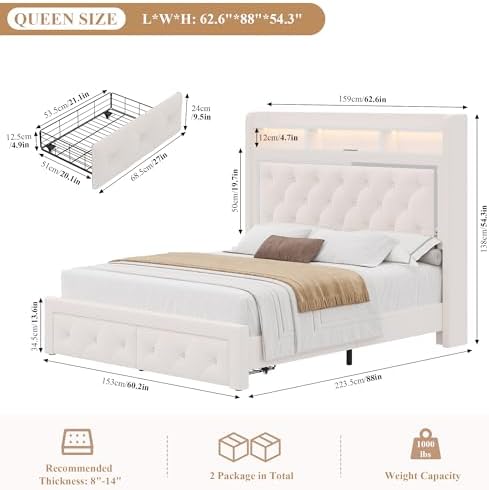 Keyluv Queen Velvet LED Bed Frame with 2 Drawers & Charging Station, Beige