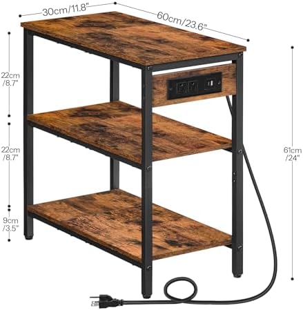 HOOBRO End Table with Charging Station, Side Table with 3 Tier Storage Shelf, Narrow Nightstand for Small Spaces, for Living Room, Bedroom, Easy Assembly, Rustic Brown and Black BF149UBZ01