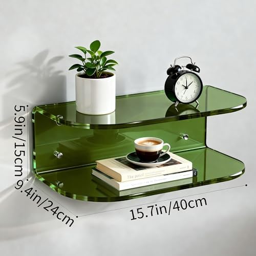 Acrylic Floating Nightstand, Wall Mounted Bedside Table Shelf (Green, 15.7”×9.4“×5.9”)
