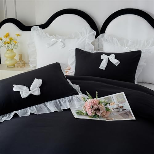 IHOUSTRIY Black Halloween Duvet Cover Full Size, Ruffle Beddding Set with Bowtie, 3 Pieces Comforter Cover Set with Zipper Closure, Girl Princess Bedding with Pillowcase - Black, Full