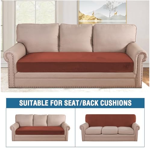 H.VERSAILTEX Velvet Stretch Individual Couch Cushion Cover Plush Cushion Slipcover for Loveseat Sofa Cushion Furniture Protector Seat Cushion Sofa Cover (1 Piece Sofa Cushion Cover, Rust)