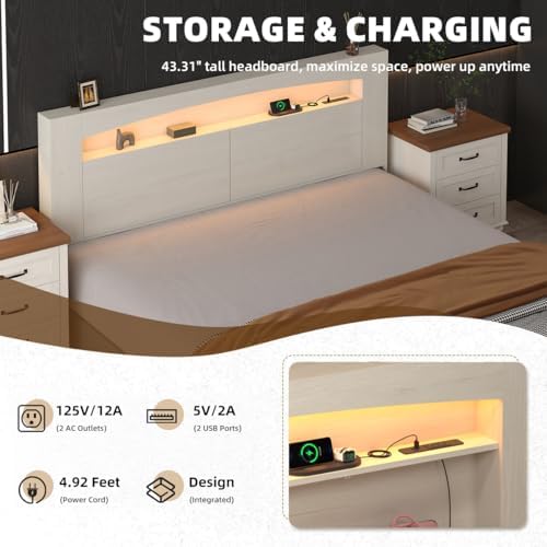 Queen Size Wooden Headboard Only with Storage (Off-White, Queen)