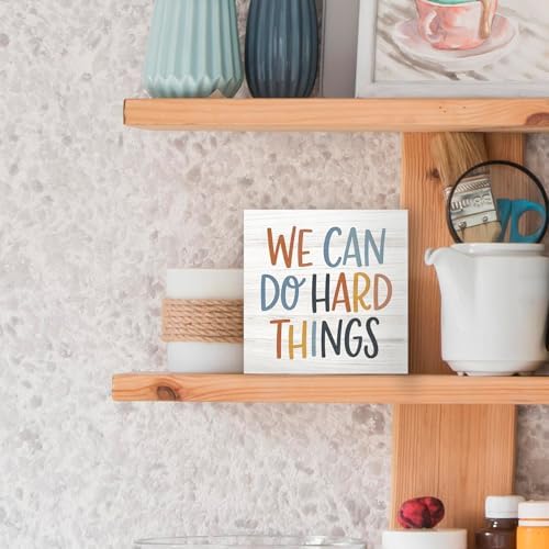 Inspirational Kids Classroom Wood Box Sign Desk Decor 5X5, We Can Do Hard Things Wooden Block Sign Decorations for Kids Nursery Bedroom Room Playroom Desk Table Wall Tabletop Shelf Decor