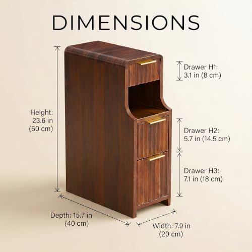 8 Inch Narrow Nightstand, 3 Drawers & Shelf, 1 Pack