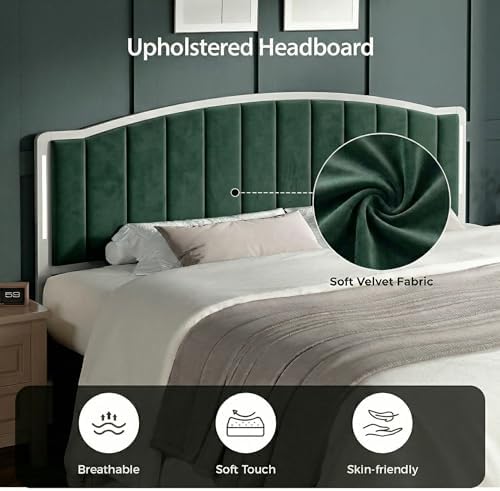 Upholstered Tufting Headboard for King Size Bed with Lights, Green