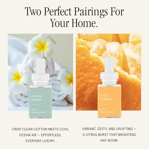 Pura Home Fragrance Device Starter Set 4 - Scent Diffuser for Home - Includes Fragrance Aroma Diffuser - Square Box, Linens & Surf and Yuzu Citron Scent Refills