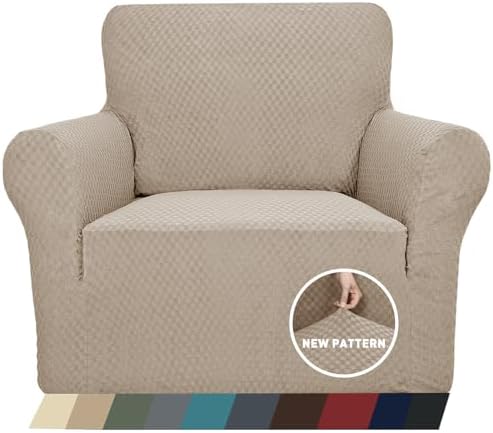 ZNSAYOTX 1 Piece Jacquard Chair Slipcovers for Living Room High Stretch Chair Covers with Arms Anti Slip Pets Friendly Couch Sofa Armchair Cover Furniture Protector (Chair, Khaki)