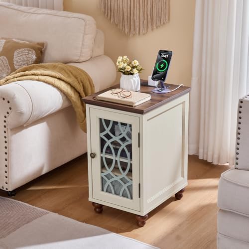 Joaxswe Narrow Side Table Set 2 with Charger, Glass Door Storage