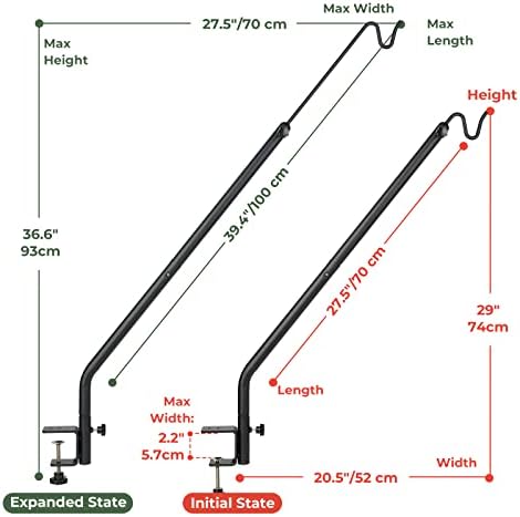 Kingsyard 2 Pack Heavy Duty Deck Hook, 27"-39" Adjustable Metal Deck Railing Hooks for Hanging Bird Feeders, Planters, Suet Baskets, Lanterns, Wind Chimes, Clamp Mounted