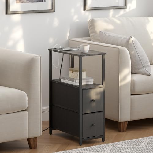 TUTOTAK Narrow End Table with Charging Station, Skinny Side Table