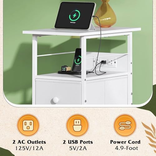 WLIVE Nightstand Set of 2 with Charging Station, End Table Sets with LED Lights, 2 Fabric Drawers and Open Shelf, Bed Side Tables Living Room, Small Space, Night Stand for Bedroom，White
