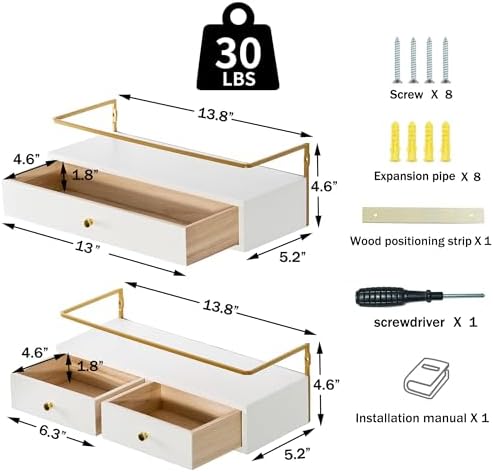 Floating Shelves With Drawers Set of 2, Wall Mounted Storage for Bathroom