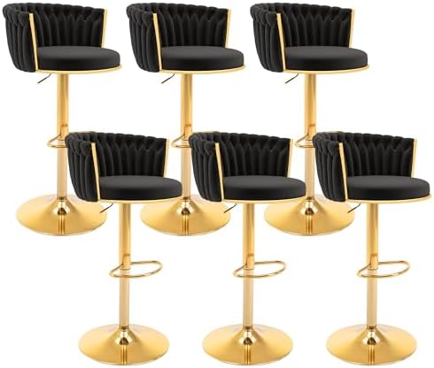 Gold Bar Stools Set of 6, Modern Adjustable Bar Height Barstools, Velvet Swivel Bar Chairs with Woven Backrest, Metal Footrest & Base, Upholstered Counter Stools for Kitchen Island, Black