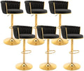 Gold Bar Stools Set of 6, Modern Adjustable Bar Height Barstools, Velvet Swivel Bar Chairs with Woven Backrest, Metal Footrest & Base, Upholstered Counter Stools for Kitchen Island, Black