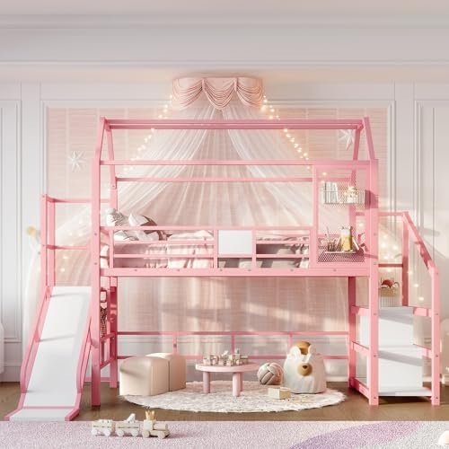 Bellemave Twin Size Metal House Loft Bed with Slide and Stairs,Heavy Duty Playhouse Loft Bed Frame with Storage Shelves for Kids,Teens,Adults,Pink