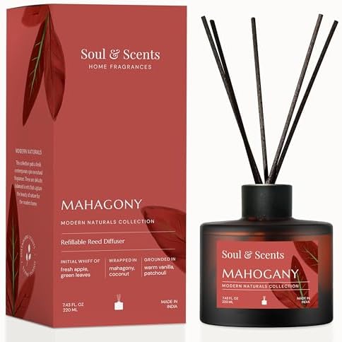 Soul & Scents Reed Diffuser Set – Mahogany | 7.43 oz Refillable Scented Oil with 6 Fiber Sticks | Long-Lasting Home Fragrance & Air Freshener for Bedroom, Bathroom, Office | Gift & Décor Piece