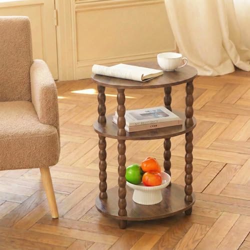 3-Tier Oval Side Table, Small End Table with Solid Wood Spindle Legs Brown