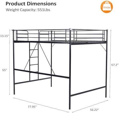 VINGLI Loft Bed Full Size with Flat Rungs for Adults, Kids and Young Teens, No Box Spring Required,Heavy Duty Metal Slat Support,Black