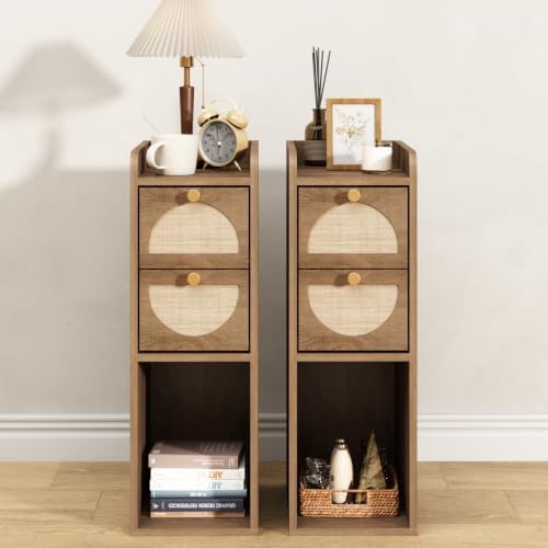 Narrow Nightstand Set of 2 (Rattan & Wood) - Small Bedside Table with 2 Drawers, Open Shelf, Mid Century Modern End Table - for Bedroom, Living Room & Small Spaces, Rustic Oak Rattan