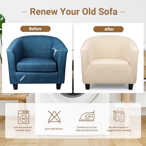 Barrel Chair Slipcovers, 2 Pack 1-Piece Stretch Beige Club Chair Covers with Arms, Round Soft Armchair Sofa Cover Removable Couch Furniture Protector for Bar Living Room Bedroom Hotel Counter