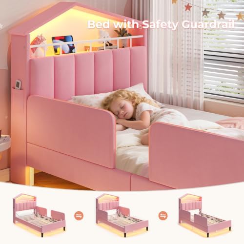 ADORNEVE Girls Twin Bed with Safety Guardrail,Pink