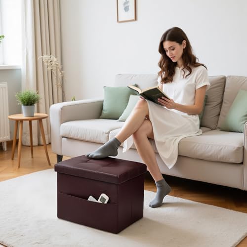 Bsketa Storage Ottoman Bench, 16" Folding Leather Foot Rest, Brown 2 Pack